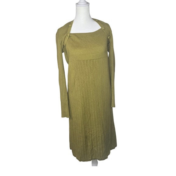 Simple Retro Knit Midi Dress Square Neck Long Sleeve Button Olive Green Womens L - Picture 1 of 7